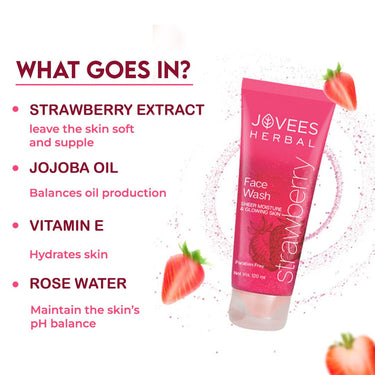 Jovees Herbal Strawberry Face Wash For Hydrating & Glowing Skin with Strawberry Ext. | Gentle Cleanser For Brightens Skin, Removes Pigmentation | For Normal to Dry Skin Types - 120ML